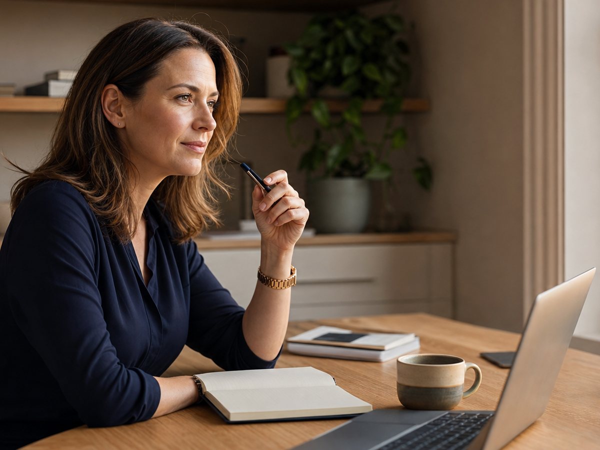 A woman at her home desk weighing up an additional pension contribution