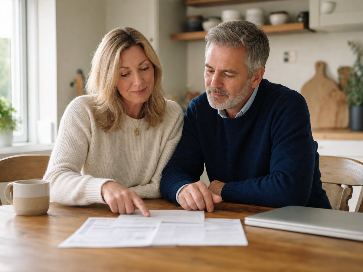 A couple at their kitchen table looking through their pension paperwork together
